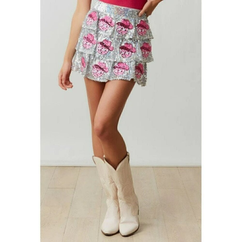 Disco Cowgirl Disco Ball and Hat Patch Sequin Mini Skirt - Picture 6 of 10